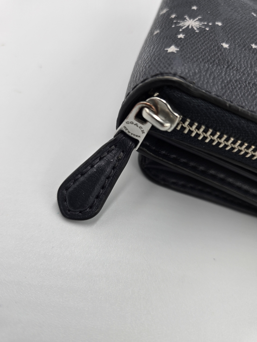 COACH Navy Blue Signature Snowflake Compact Trifold Wallet with Silver Logo - Picture 5 of 15
